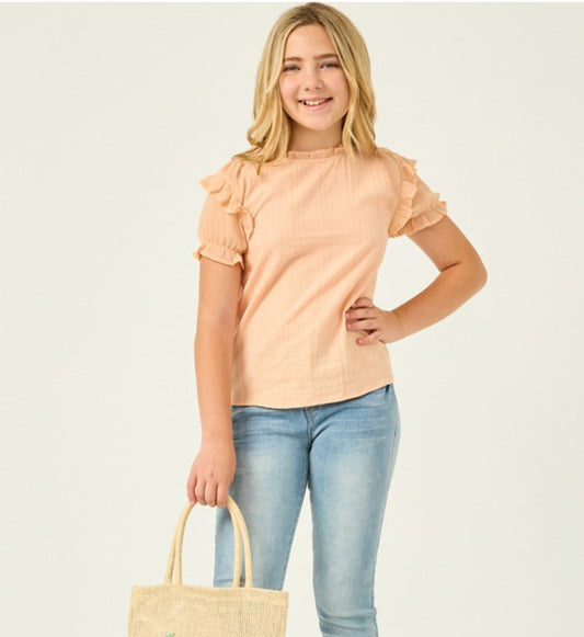 Girls Peach Ruffle Sleeve Top