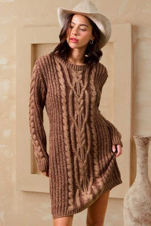 Brown Two Tone Cable Knit Sweater Dress