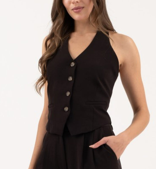 SALE! Black Halter V Neck Button Down Vest