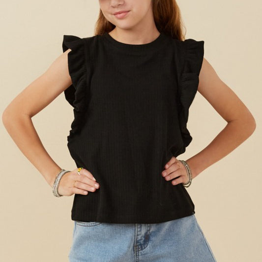 Girls Black Ribbed Ruffled Detail Knit Tank