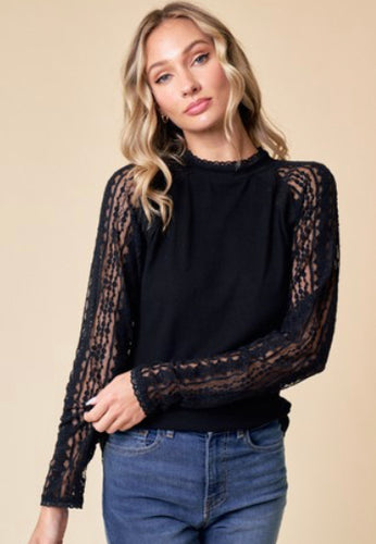 Black Lace Long Sleeve High Neck Knit Top