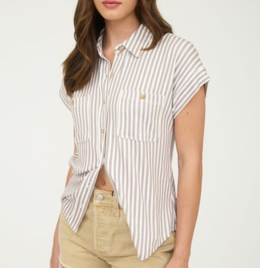 Mocha Striped Collared Short Sleeve Button Down