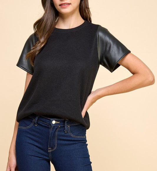 Black Top with Faux Leather Sleeve