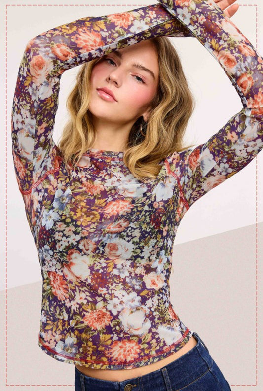 Floral Sheer Crew Neck Mesh Top In Purple