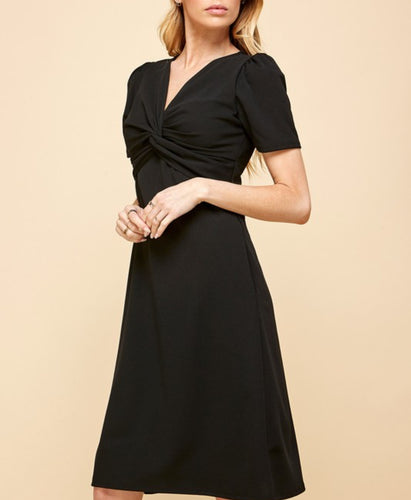 Black V - Neck Short Sleeve Midi Dress