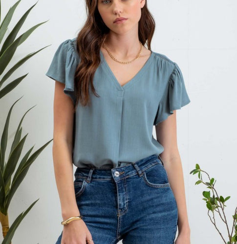 Dusty Teal Ruffle V Neck Top