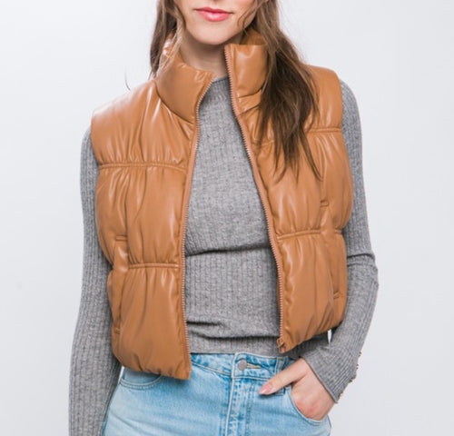 Camel Faux Leather Crop Puffer Vest