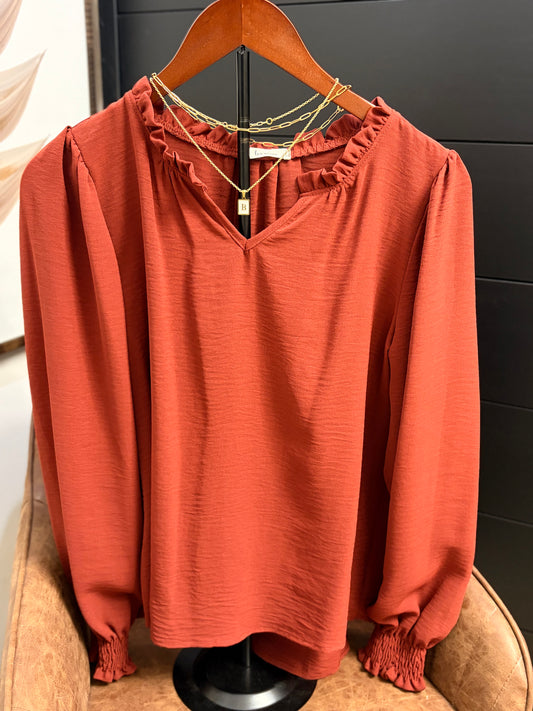 Spice Long Sleeve V-Neck Blouse w/ Ruffle Collar