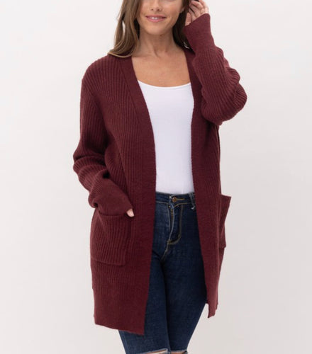 Burgundy Ribbed Knit Open Cardigan w/Pockets