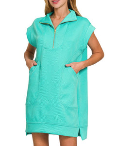 Turquoise Textured Quarter Zip Dress