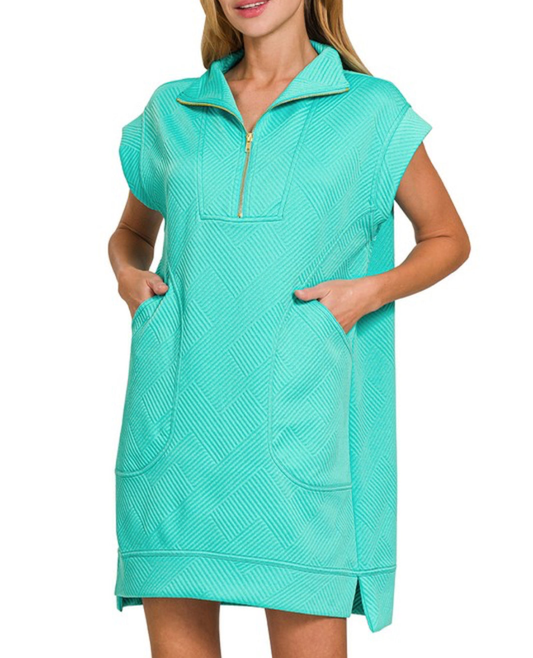 Turquoise Textured Quarter Zip Dress