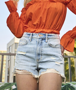 High Rise Light Wash Vintage Distressed Denim Shorts