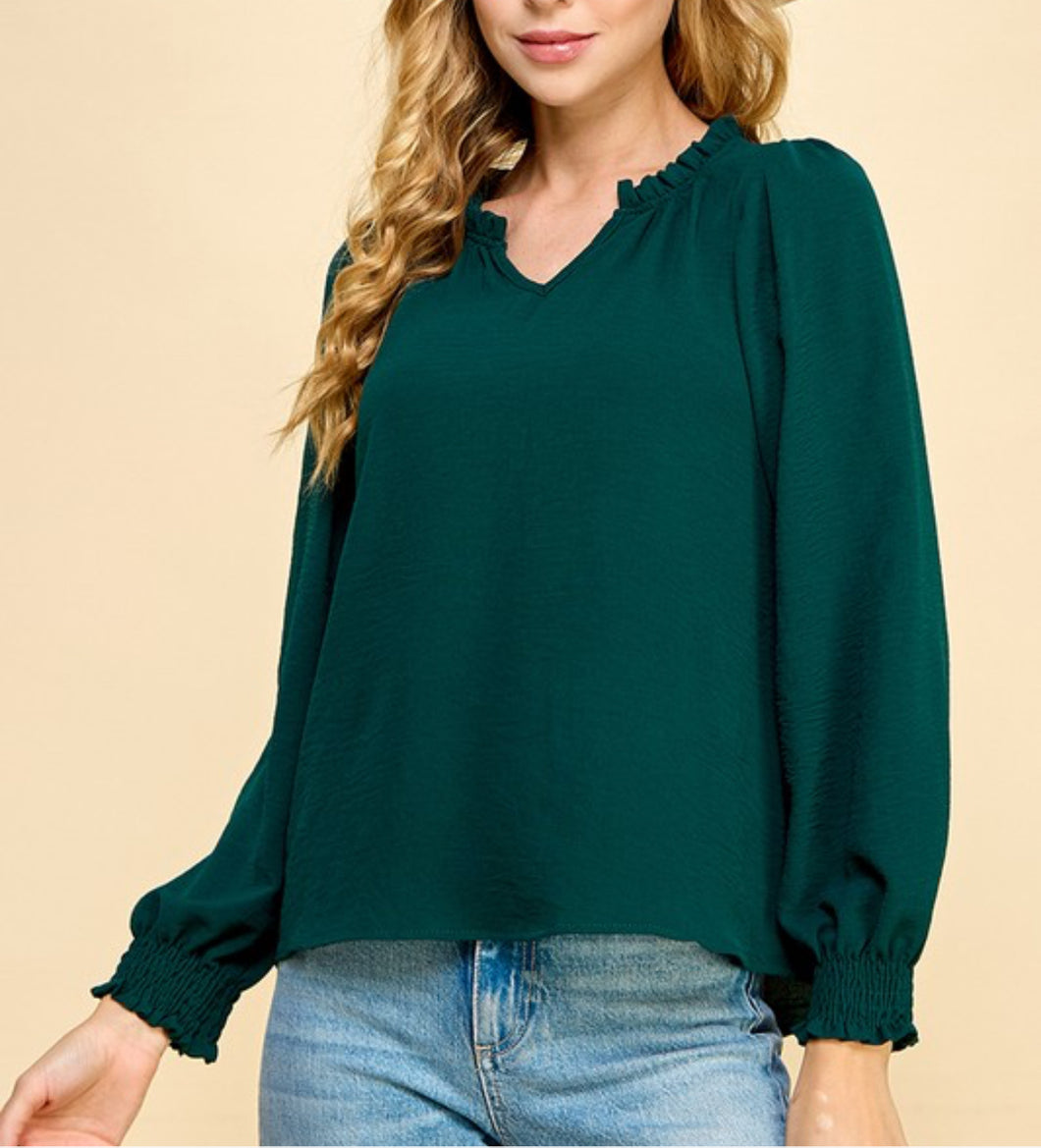 Emerald Long Sleeve V-Neck Blouse w/ Ruffle Collar