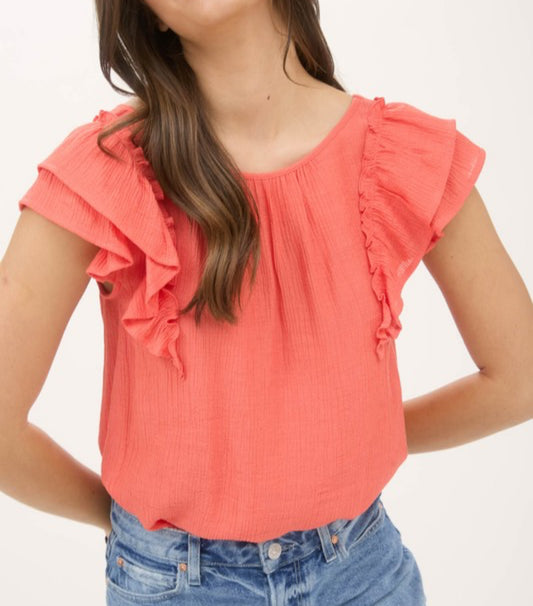 Coral Ruffle Sleeve Top With Bow Back