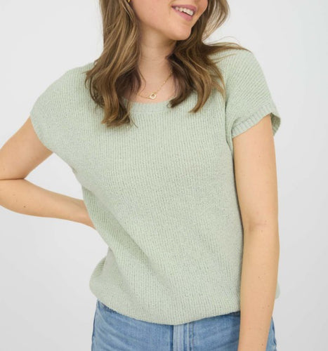 Dusty Sage Short Sleeve Sweater w/Sheer Bow Top