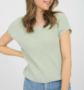 Dusty Sage Short Sleeve Sweater w/Sheer Bow Top