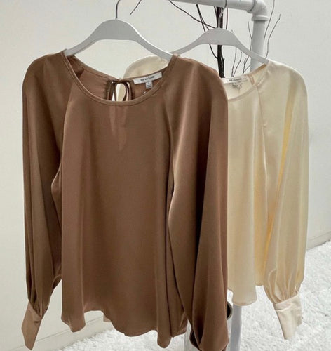 Mocha Satin Long Sleeve Blouse