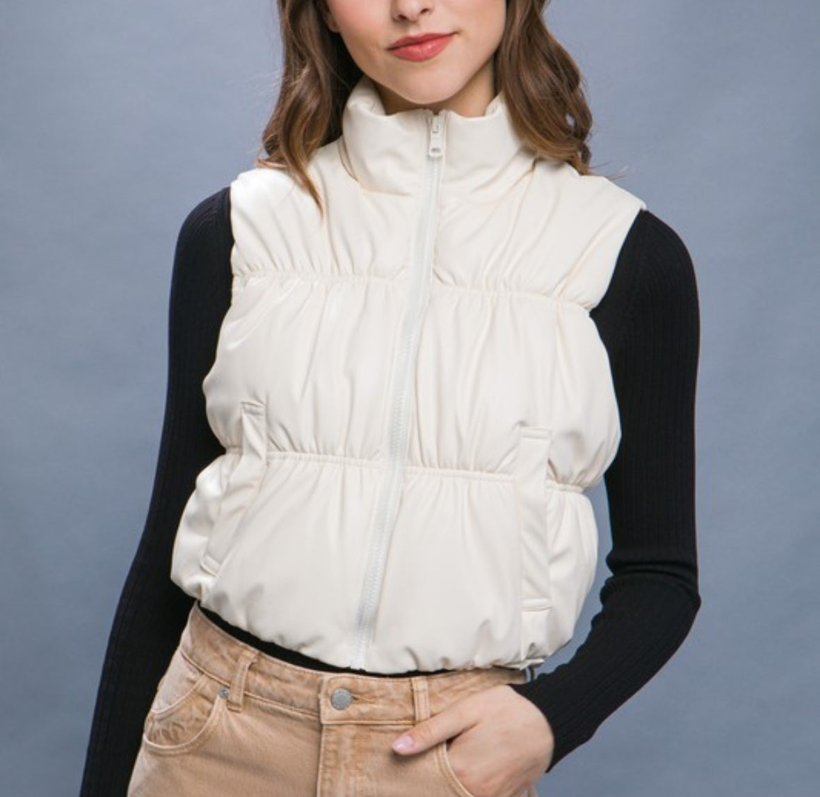 Ivory Faux Leather Crop Puffer Vest