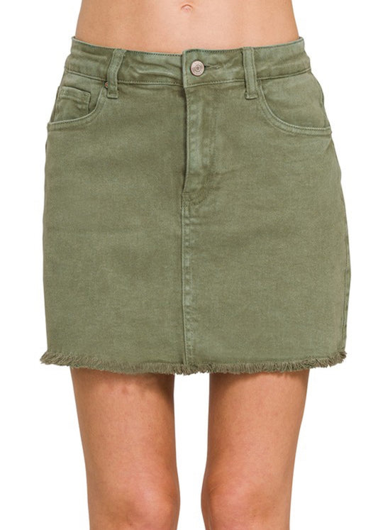 Olive Frayed Hem Denim Skirt