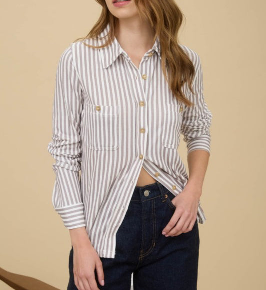 Mocha Stripe Collared Long Sleeve Button Down Shirt