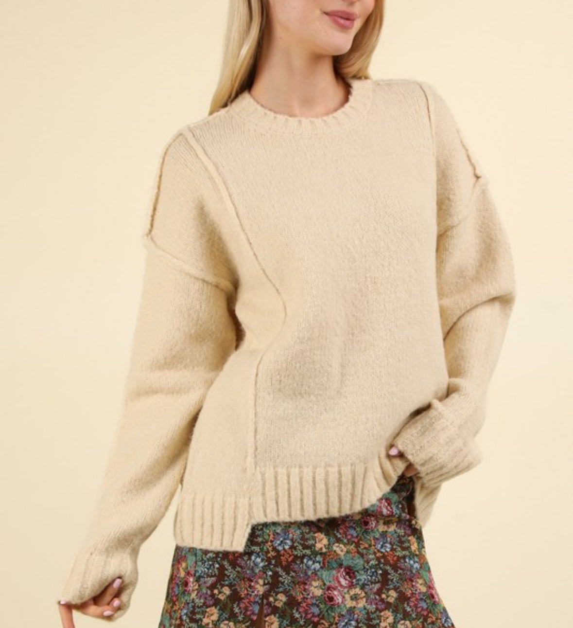 Fuzzy Cream Oversized Knit Pullover Sweater