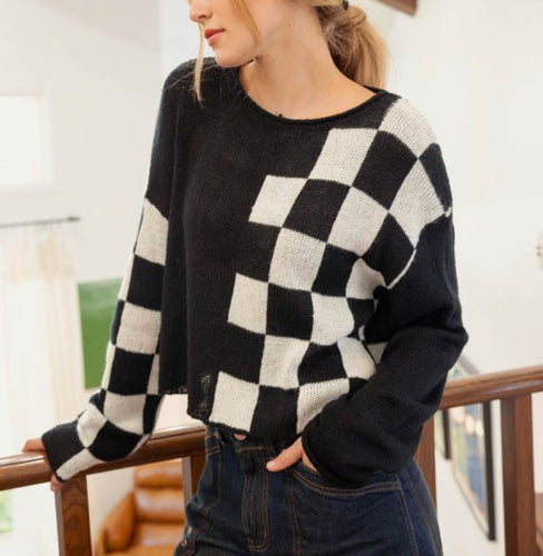 Black and White Checker Crew Neck Sweater