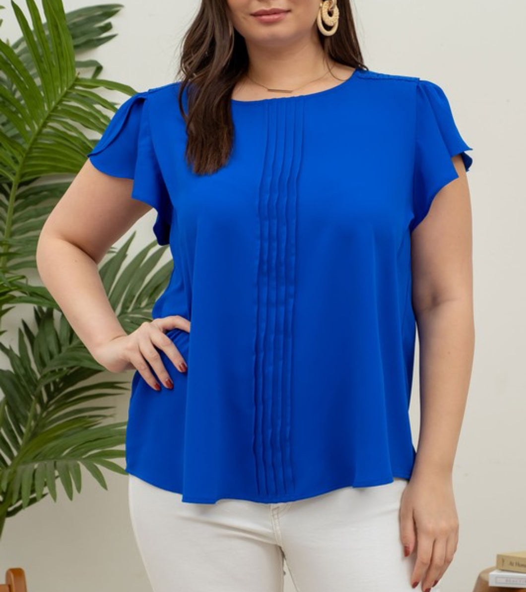 Curvy Royal Blue Lace Trim Tulip Sleeve Blouse