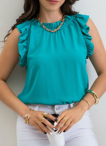 Teal Ruffle Trim Sleeveless Blouse