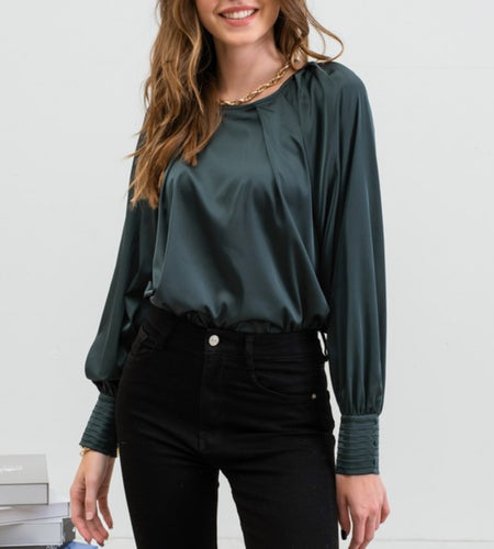 Emerald Green Satin Long Bishop Sleeve Blouse