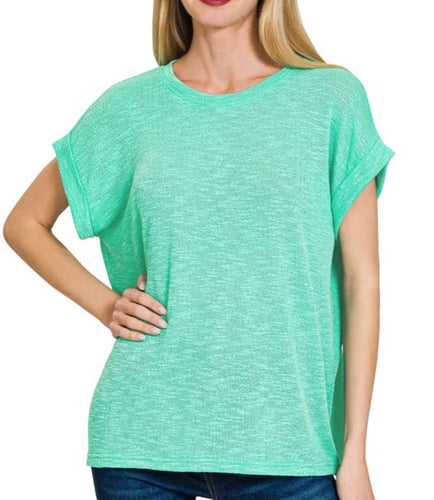 Turquoise Hacci Rolled Sleeve Relaxed Tee