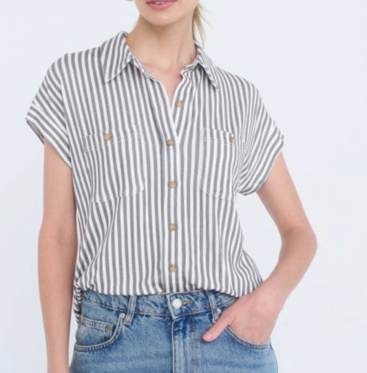 Grey Striped Collared Short Sleeve Button Down