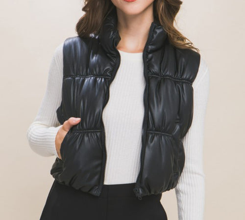 Black Faux Leather Crop Puffer Vest