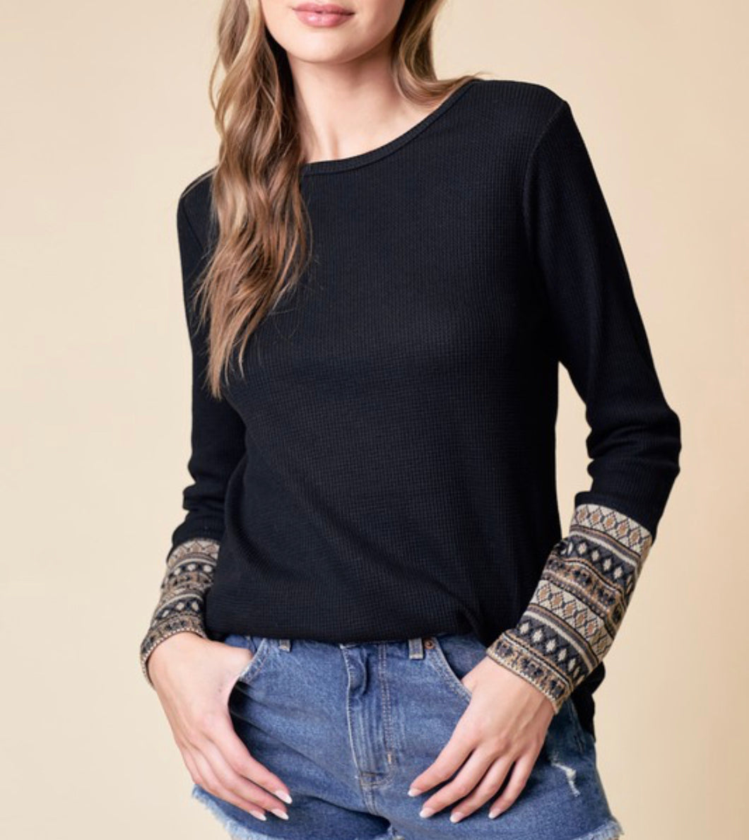 Black Long Sleeve Top with Contrast Cuff