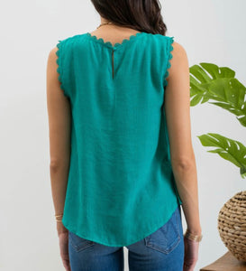 Green Sleeveless Top with Lace Edging