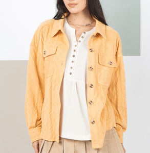 Mustard Cable Knit Button Up Shacket