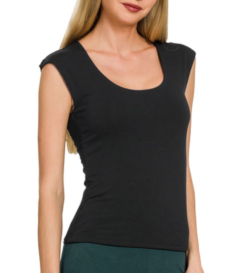 BLACK SWOOP NECK DOUBLE LAYERED SLEEVELESS TOP
