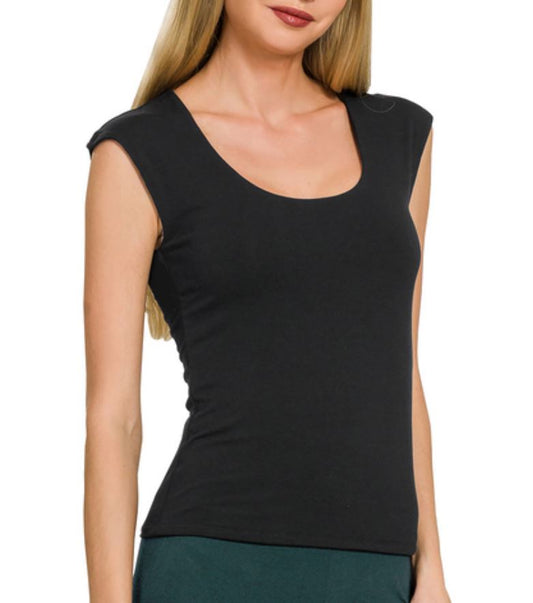 BLACK SWOOP NECK DOUBLE LAYERED SLEEVELESS TOP