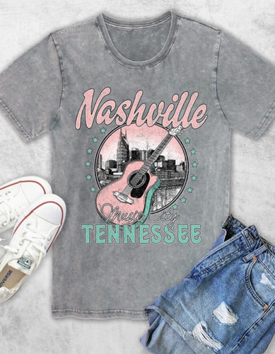 Grey & Pink Nashville Guitar Vintage Graphic Tee