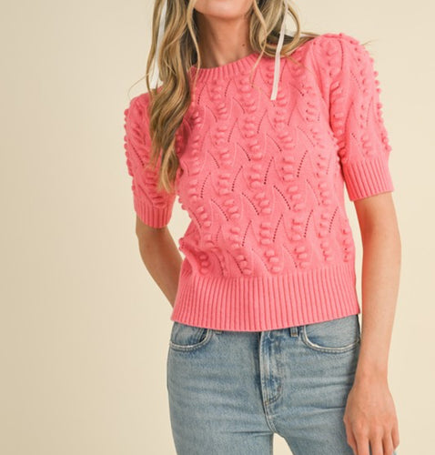 Coral Popcorn Knit Pointelle Short Sleeve Sweater