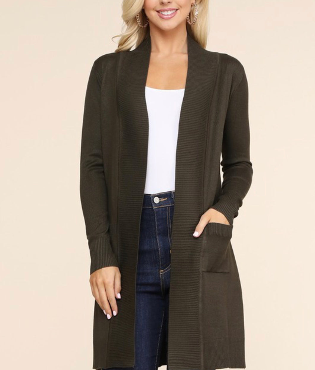 Olive Long Open Cardigan with Pockets