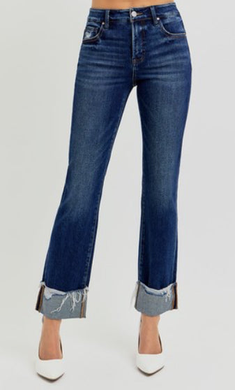 Risen Tummy Control High Rise Crop Straight Cuffed Jeans