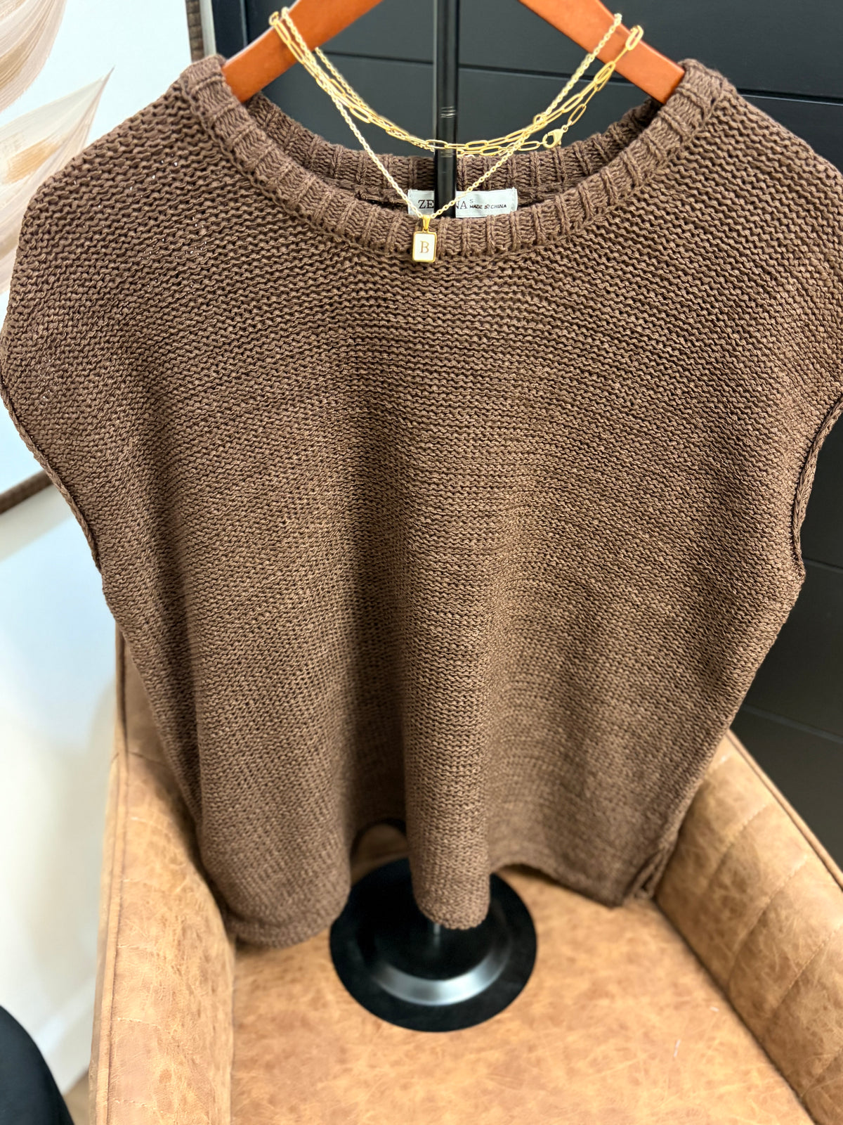 Brown Oversized Crew Neck Sleeveless Sweater