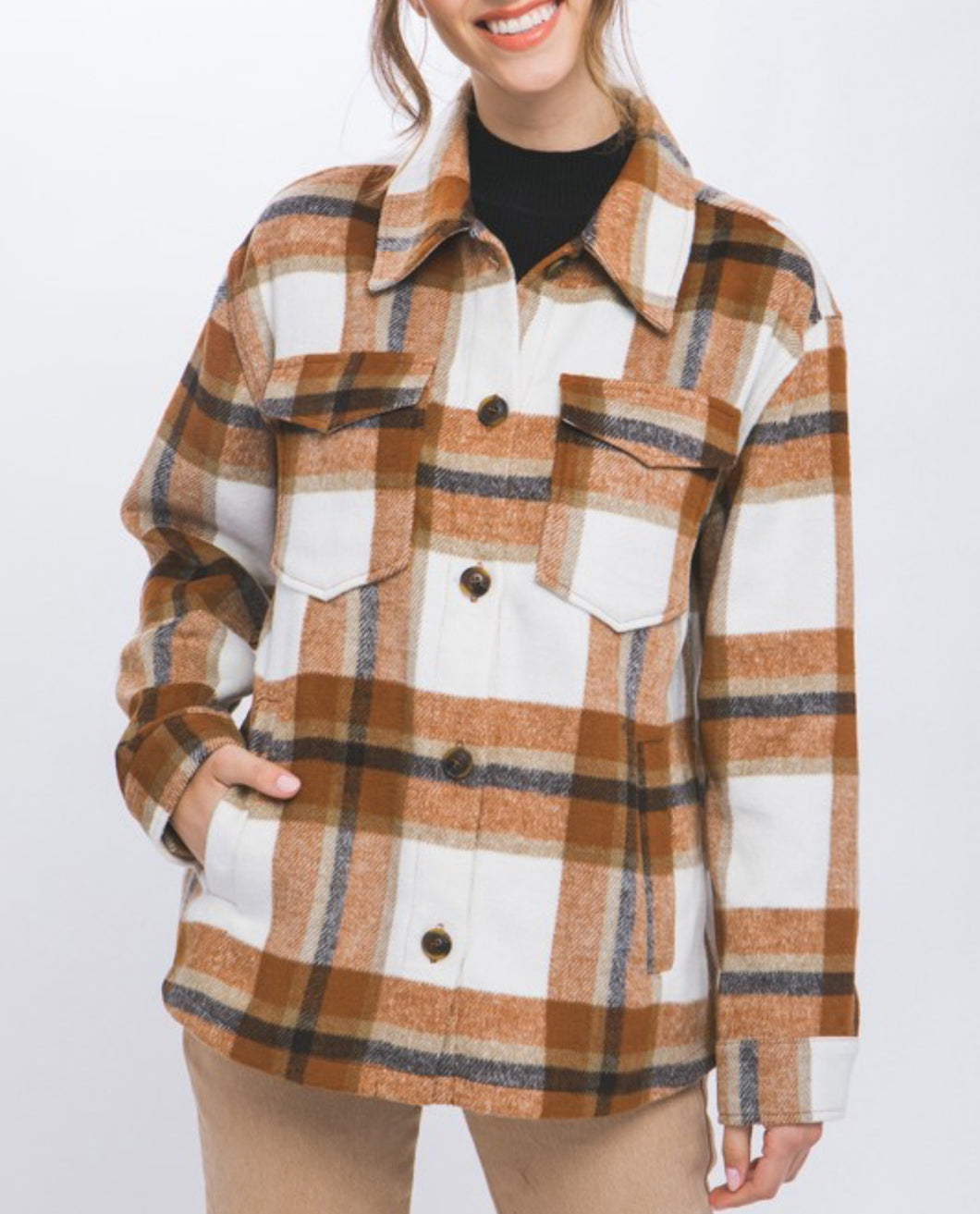 Rust, White and Navy Plaid Shacket with Pockets