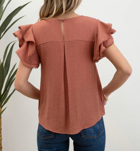 Dark Sienna Ruffle Blouse w/ Pom Detail Sleeve