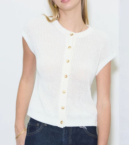 IVORY SHORT SLEEVE BUTTON DOWN KNIT CARDIGAN VEST