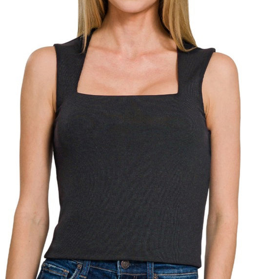 Black Ribbed Seamless Square Neck Tank