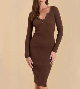 Brown Henley Sweater Long Sleeve Dress