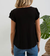Load image into Gallery viewer, Black Scallop V Neck Top with Flutter Sleeve