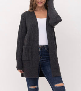 Charcoal Cozy Ribbed Open Cardigan w/Pockets