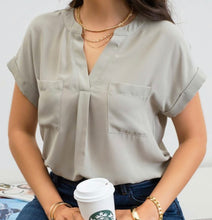 Load image into Gallery viewer, Sage V-Neck Blouse w/ Cuffed Sleeve &amp; Button Back